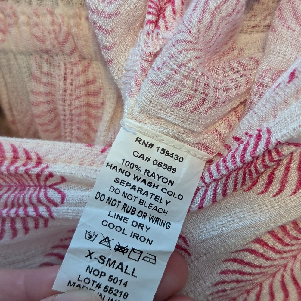 Elan Wrap Maxi Cover-Up Tunic Caftan White Pink Tropical Leaf Print Elastic, XS - Picture 8 of 10